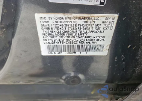 2011 Honda Pilot Exl from USA, damaged, VIN 5FNYF3H5XBB021705